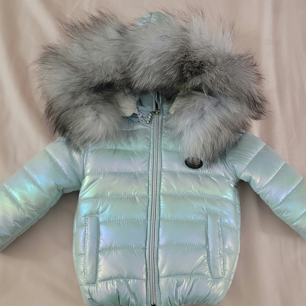 Iridescent Puffer Jacket with Faux Fur Hood